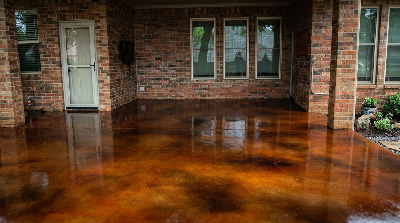 Acetone stained concrete patio floor by Oklahoma's Concrete Specialists