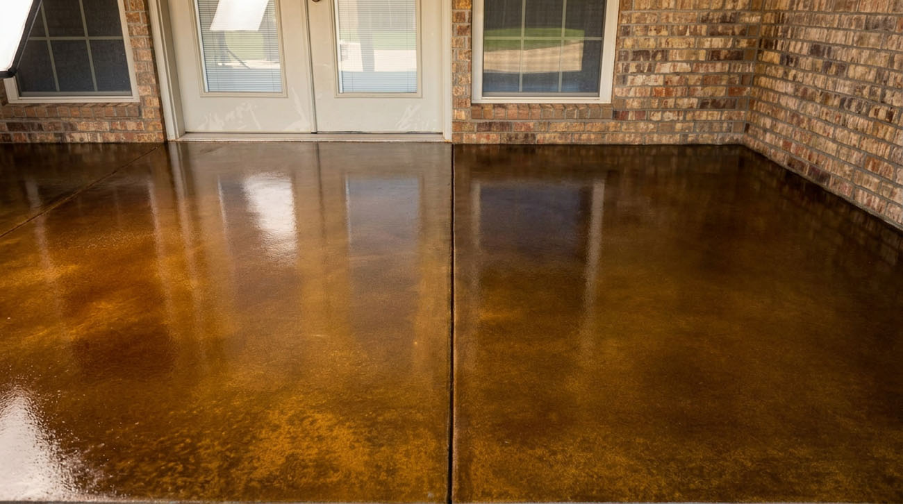 Acetone staining concrete patio floor by Oklahoma's Concrete Specialists